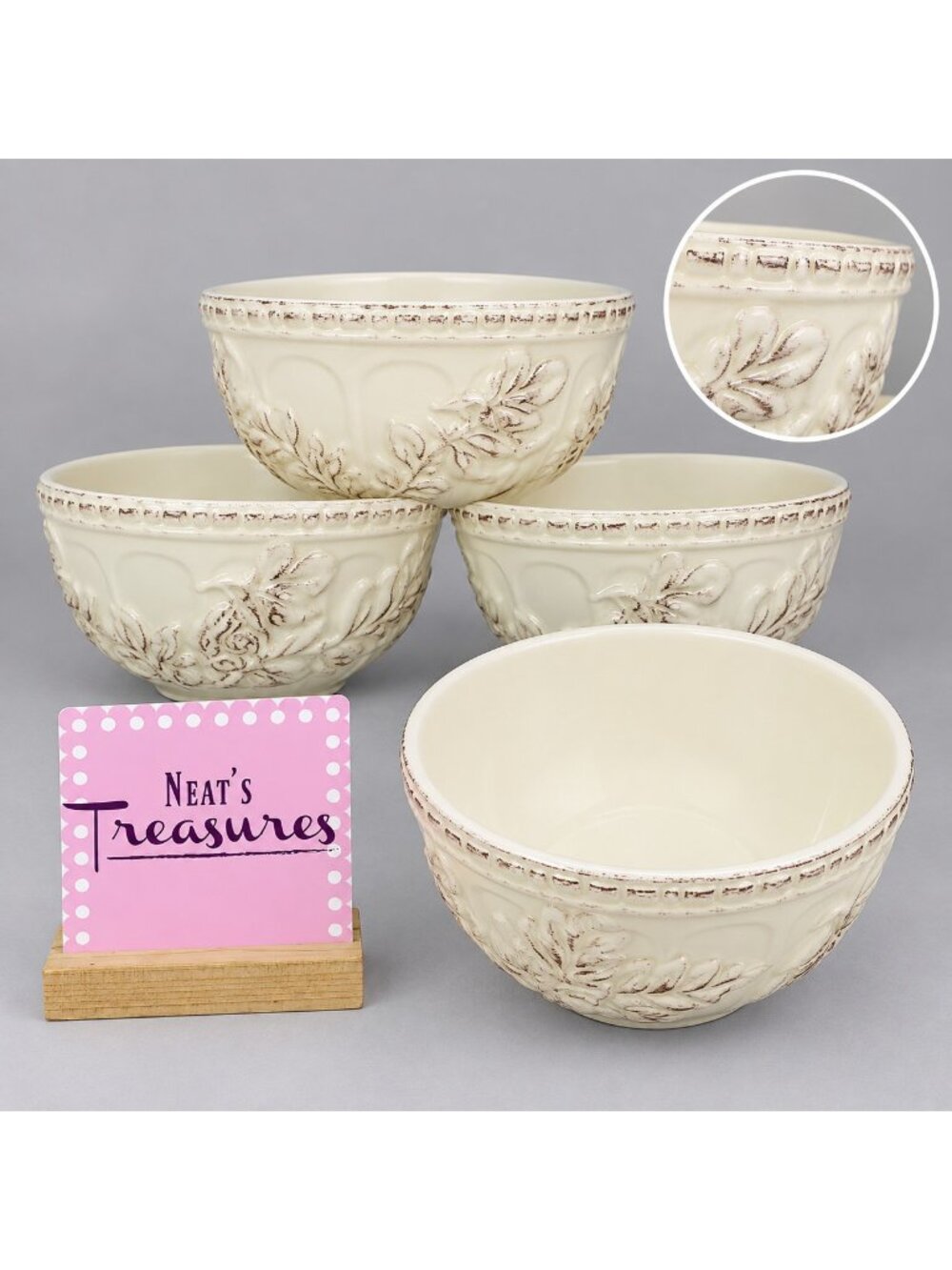 Savinio Designs ACORN Cream Round Embossed Earthenware Soup Cereal Bowls Set 4